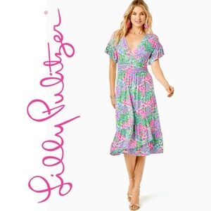 LILY PULITZER Juliet Ruffle Floral Midi Dress - Pink and Green Small